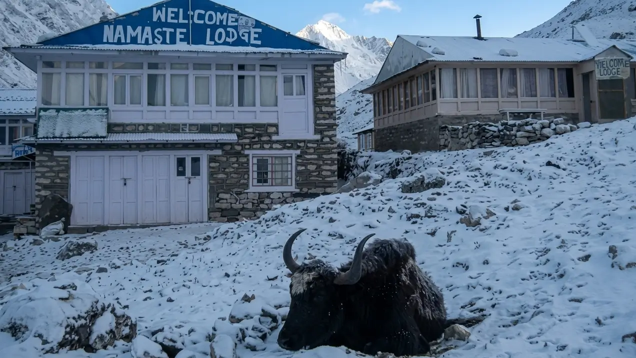 A Himalayan Yak with Large Horns is sitting in the foreground snow