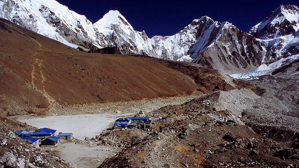 Accommodation in Gorakshep near Everest Base Camp with teahouse lodges and Himalayan mountain views