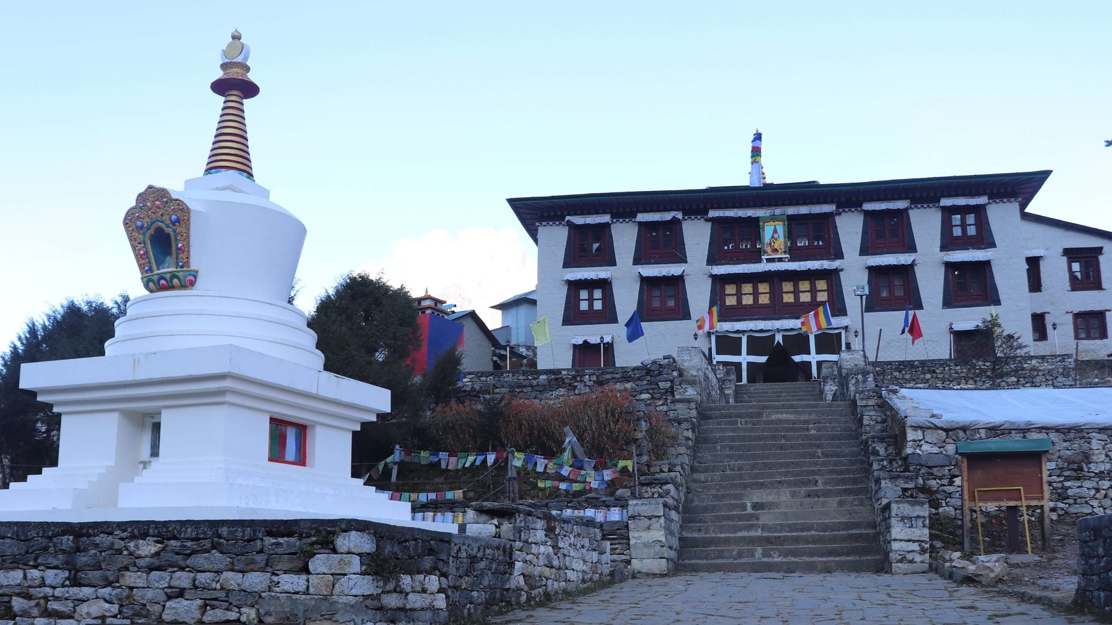 Buddhist stupa and entrance to Tengboche Monastery on the Everest Base Camp trekking trail.