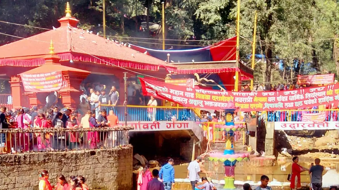 Devotees at Dakshinkali Temple near Kathmandu, famous Hindu shrine dedicated to Goddess Kali in Nepal