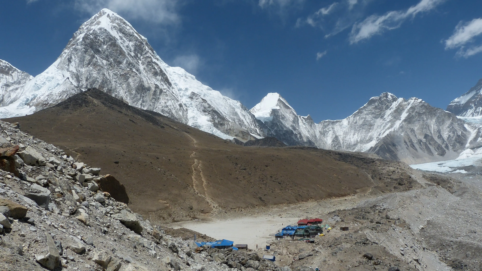 Panoramic view of Gorakshep with Himalayan peaks on the Everest Base Camp trail