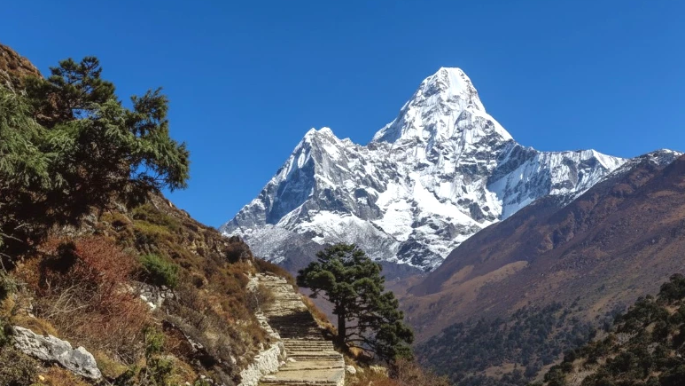 Witness Majestic Ama Dablam Beneath Clear Blue Himalayan Skies Today.
