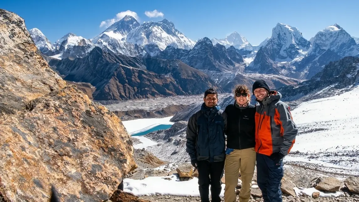 Trekkers crossing Renjo La Pass during the Everest High Pass Trek