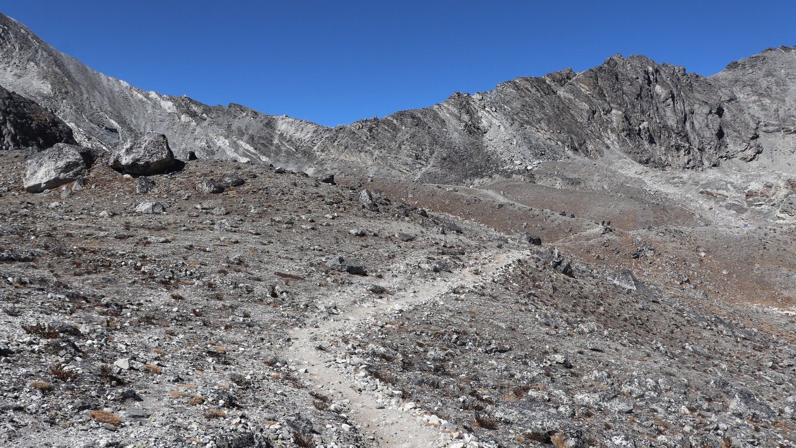 Everest High Pass Trek – Trekkers cross rugged trails near Kongma La with Himalayan peaks.