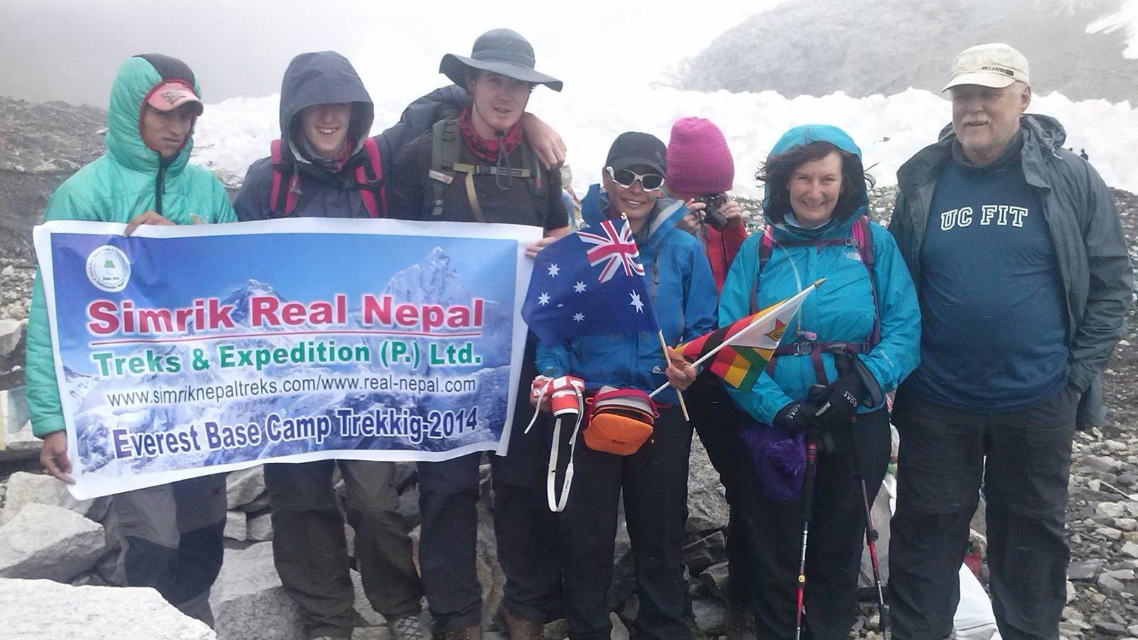 Trekkers at Everest Base Camp beside Khumbu Glacier in the Himalayas