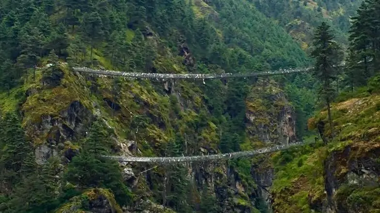 Famous Hillary Suspension Bridge near Namche Bazaar, gateway to Mount Everest Base Camp trek