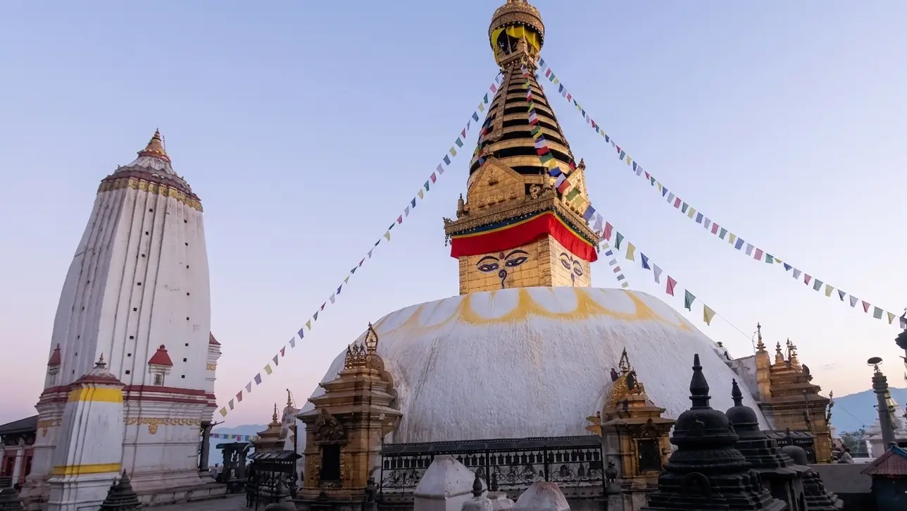 Historic Swayambhunath Stupa detail carvings and chaityas