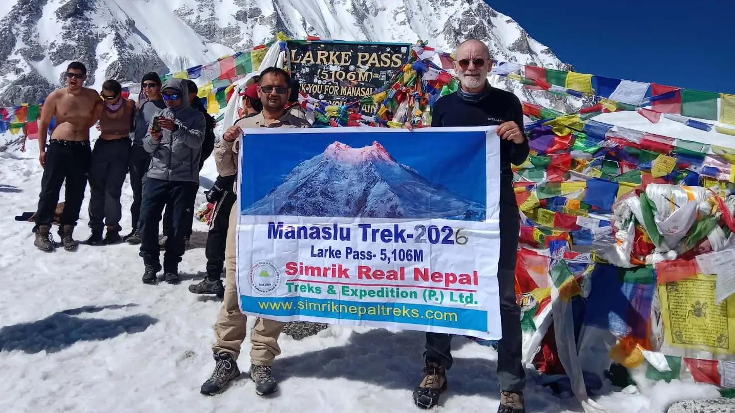 Larke Pass on the Manaslu Circuit Trek in Nepal, featuring a stunning Himalayan panorama and a famous high mountain pass for trekking adventure seekers.