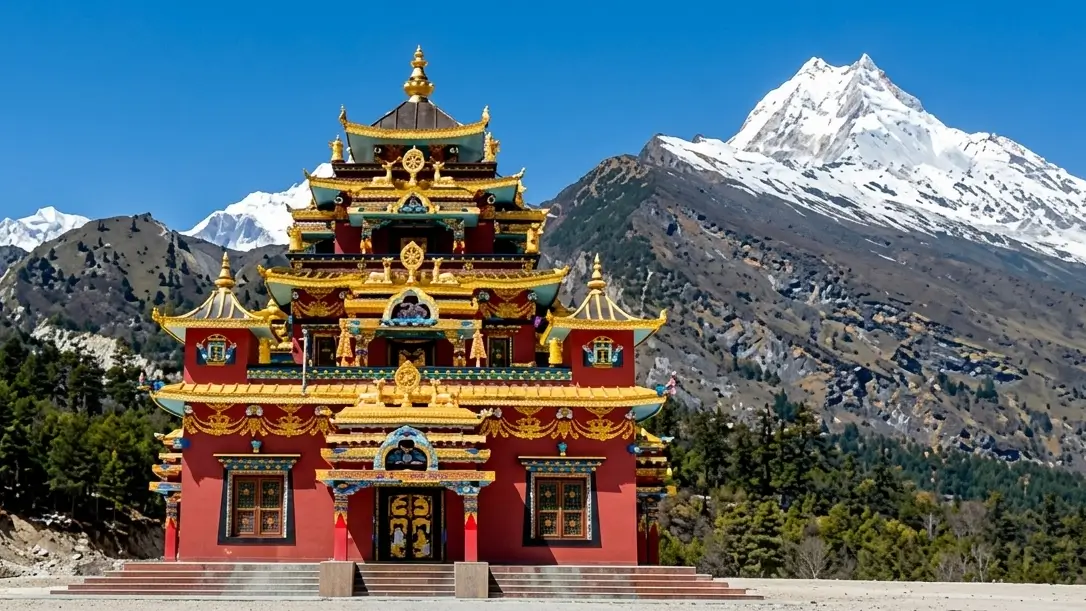 View of the Buddhist monastery & mountains from Syala on the Manaslu Circuit Trek