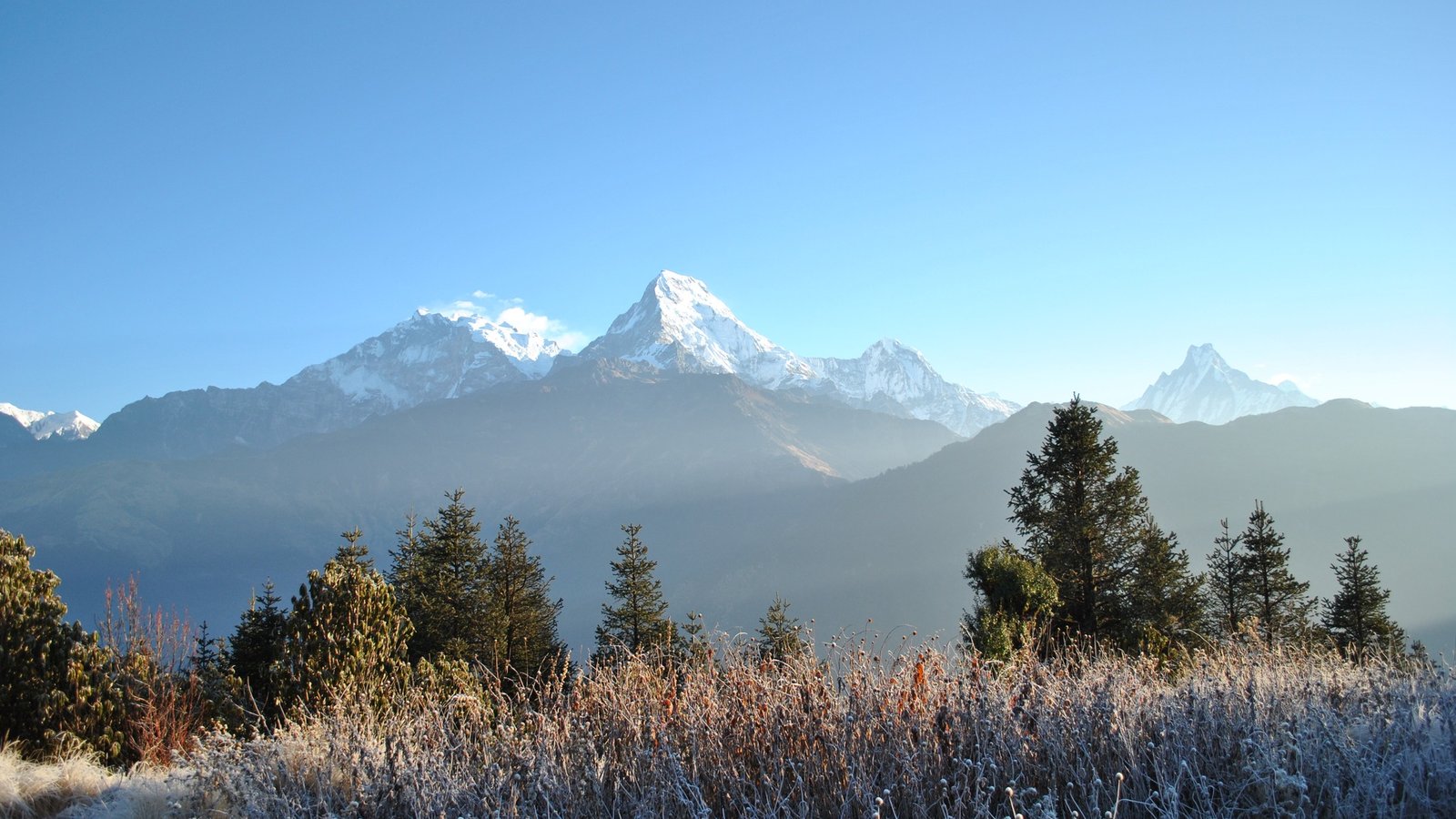 Trekkers standing at the summit of Poon Hill, surrounded by panoramic Himalayan mountain views during sunrise.