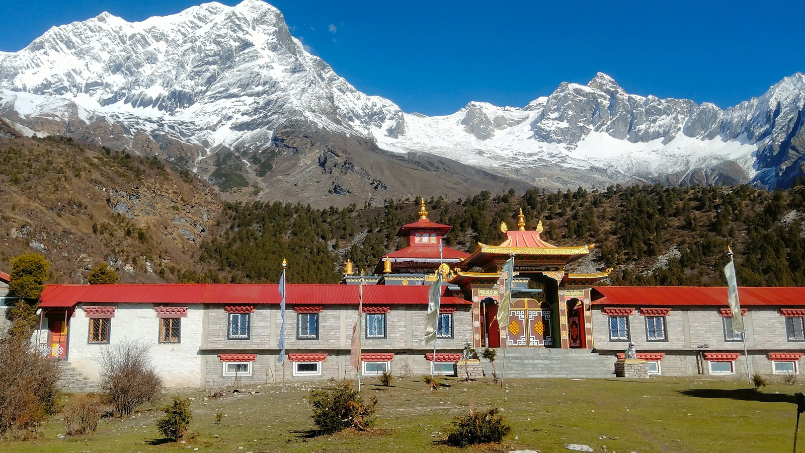 Samagaon Buddhist monastery on the Manaslu Circuit Trek route with prayer flags, traditional architecture, and Himalayan mountain scenery in Nepal.