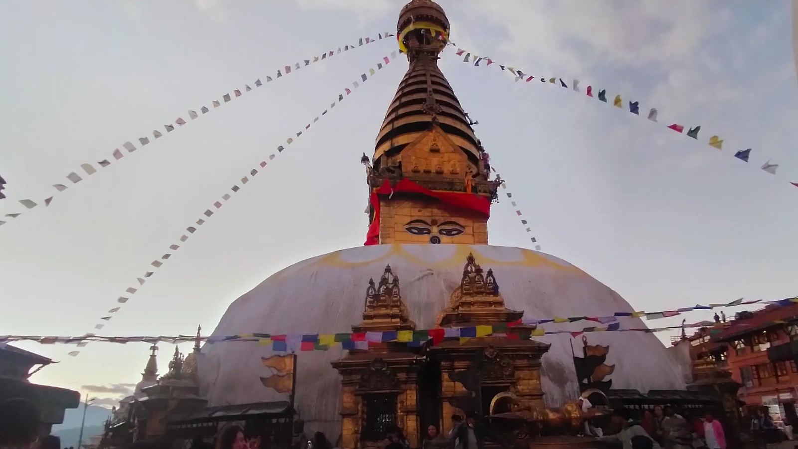 Swayambhunath Stupa Kathmandu white dome and Buddha eyes
