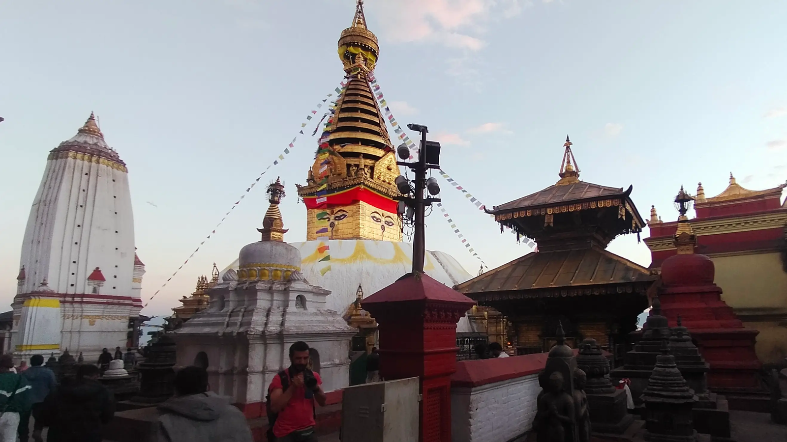 Swayambhunath rooftop temple view city and Himalayan backdrop