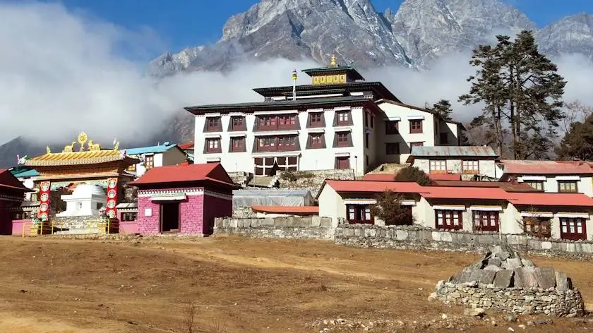 Tengboche Monastery perched on a hill with the Himalayan mountains in the background, a spiritual center in Nepal’s Everest region.