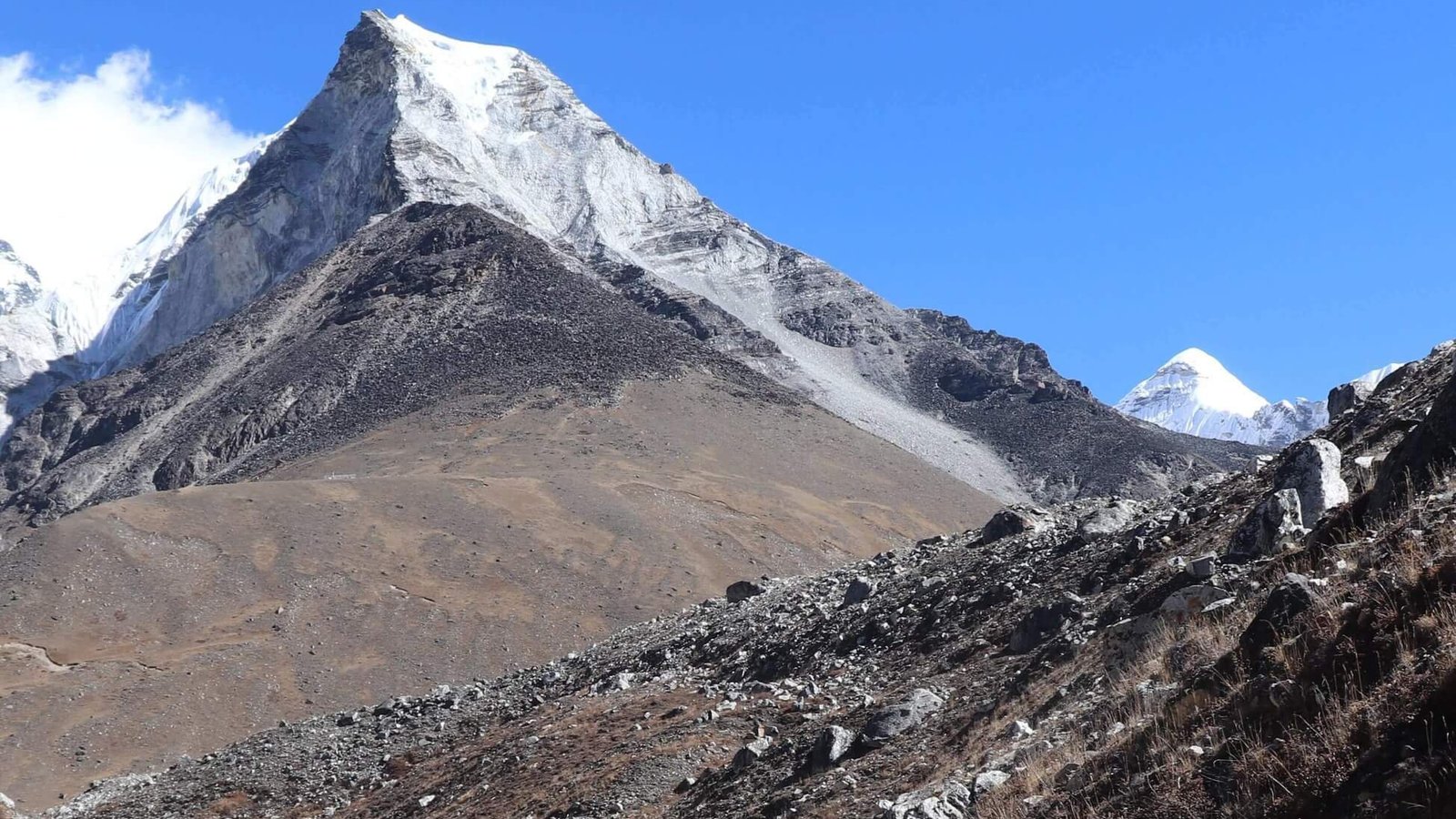 Actual trail to Island Peak with climbers approaching base camp along snowy ridges in the Everest region