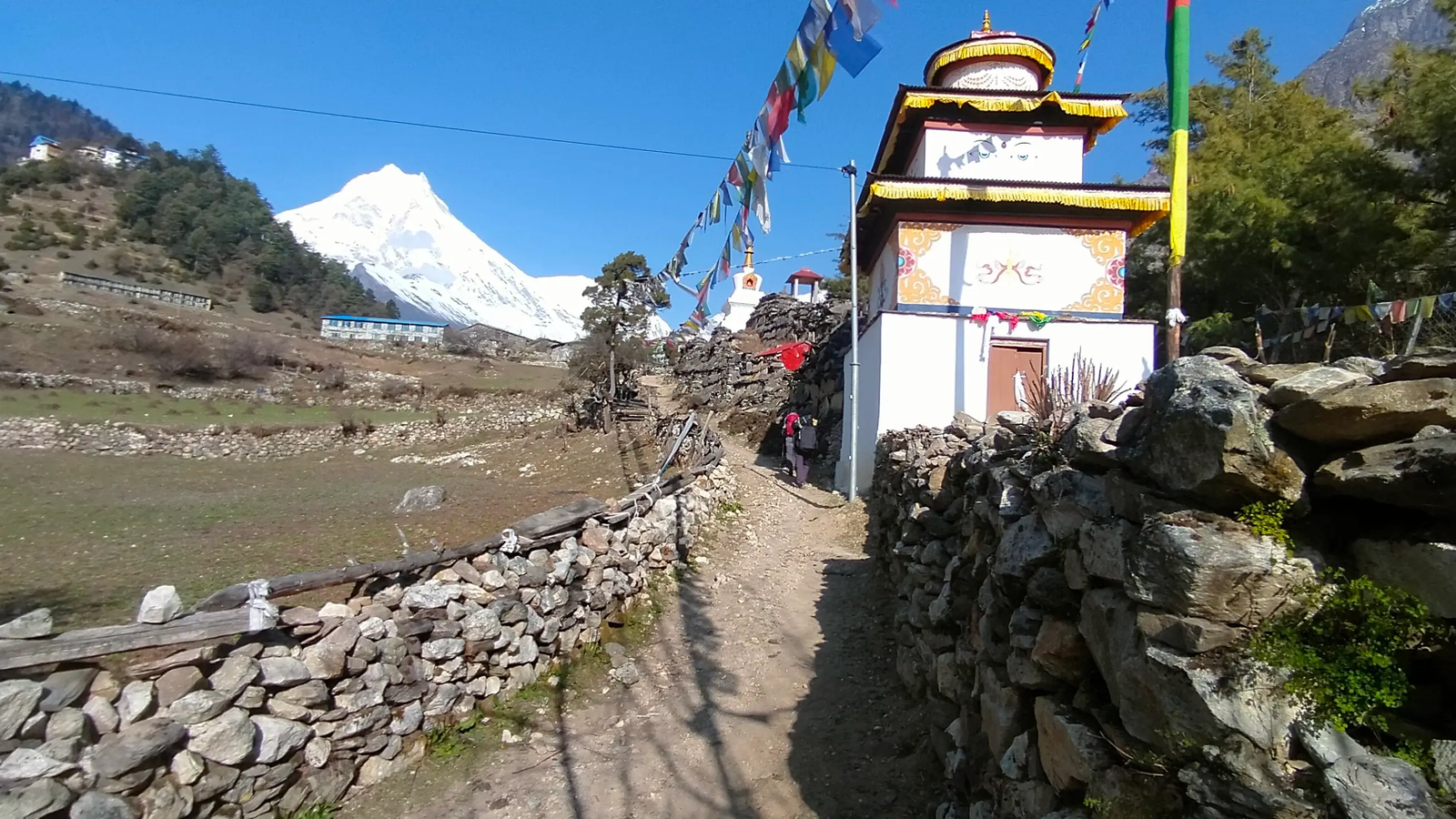 Trekking trail on the Manaslu Circuit featuring Mount Manaslu, alpine landscapes, rocky terrain, and breathtaking Nepal Himalayas scenery.