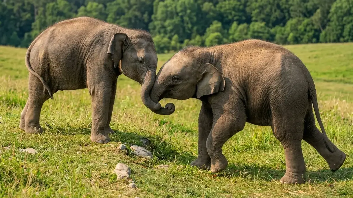 Young Elephants Greet each other affectionately in a lush, green, sunlit meadow