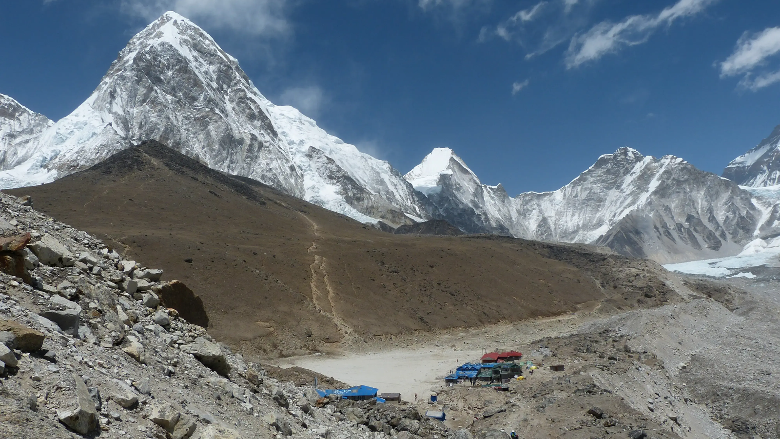 Panoramic view of Gorakshep with surrounding Himalayan peaks on the way to Everest Base Camp.