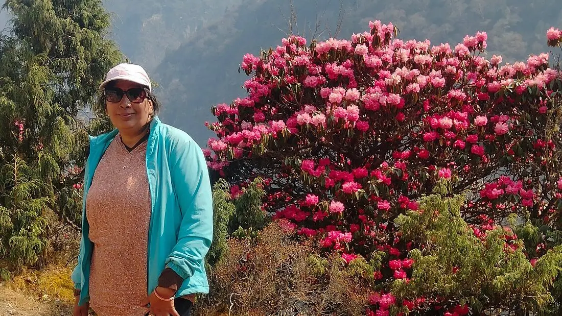 Trekking in Nepal – Woman posing near blooming rhododendron trees with Himalayan mountains in the background